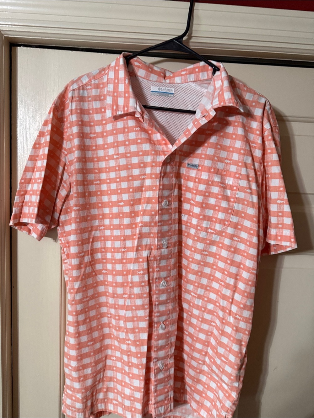 Columbia Orange and White Checked Short-Sleeve Button-Up Shirt
